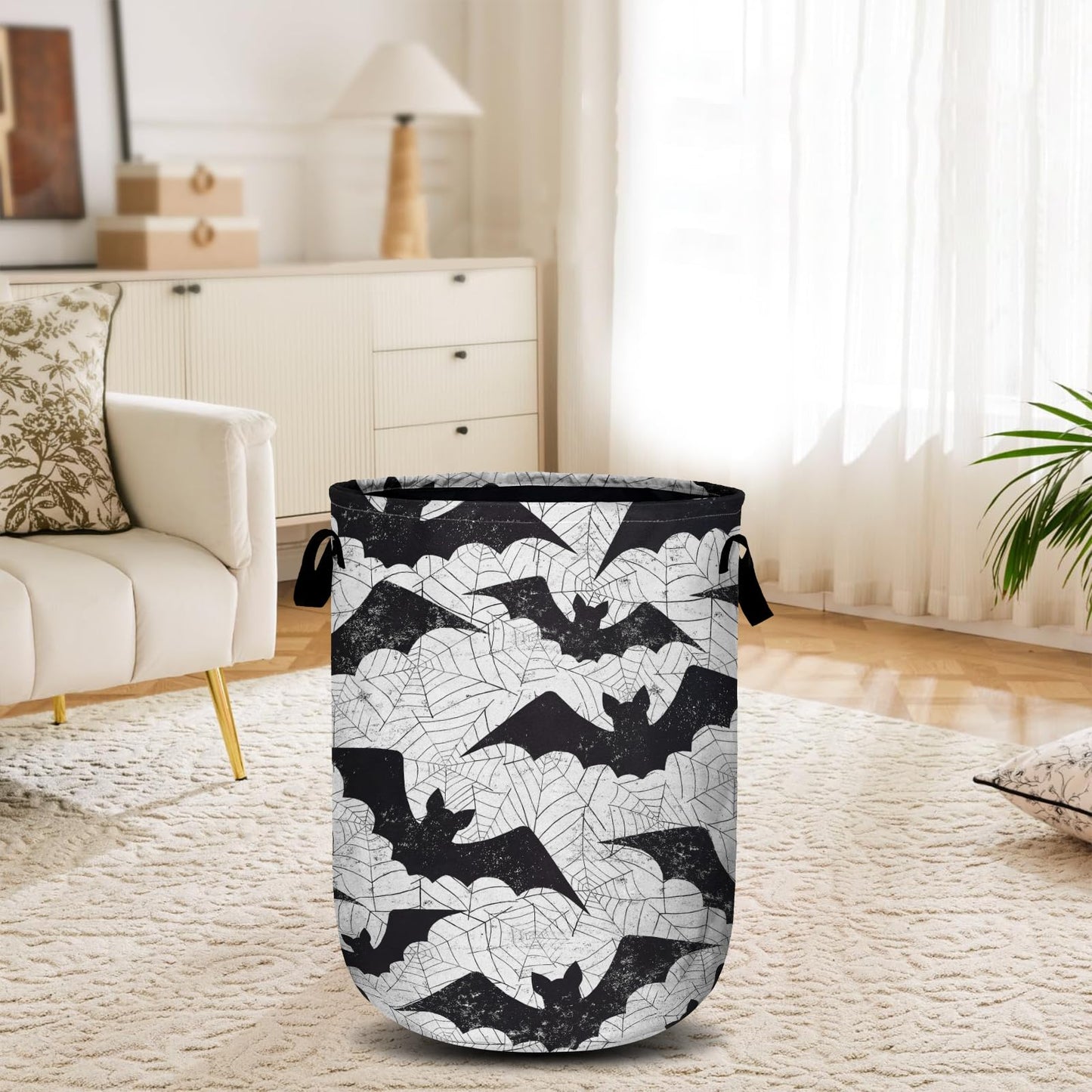 Retro Black White Bat Laundry Basket, Halloween Laundry Hamper Collapsible Oxford Cloth with Handle Clothes Storage Bin for Bathroom Laundry Room Bedroom 15.7 X 20 Inch