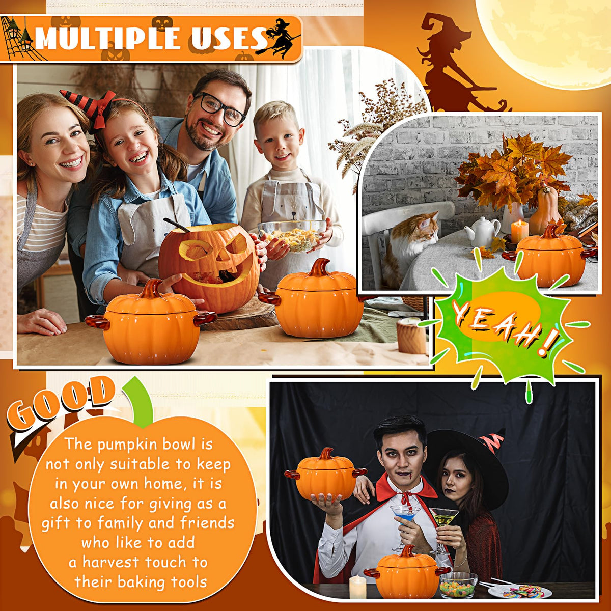 Uiifan 2 Pcs Pumpkin Bowl Ceramic Pumpkin Pot for Cooking Thanksgiving 17 oz Casserole Cookware Soup Dish Orange Cute Safe Oven Pot with Lid Double Ear for Fall Halloween Autumn Baking