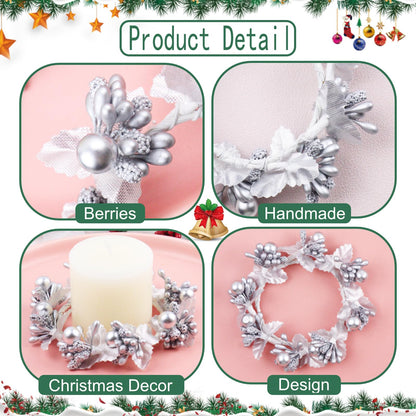 Brihaspory White Christmas Candle Rings Set of 4, Handmade Silver Berry Mini Candle Wreaths for New Year Dinner Party Table Centerpieces
