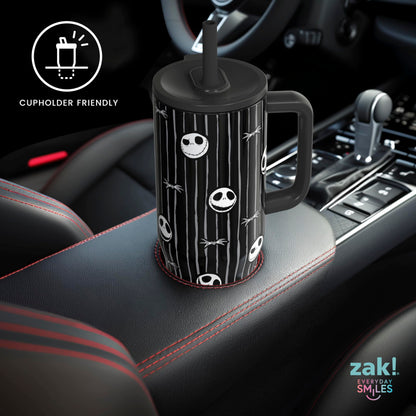 Zak Designs Disney Tim Burton's The Nightmare Before Christmas Sutton Travel Tumbler for On the Go, 30oz Stainless Steel with Vacuum Insulation and Silicone Straw for Cold Drinks (Jack Skellington)