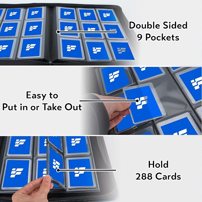 Top Loader Binder, Holds 288 Cards in 3"x4" Toploaders, Trading Card Binder 9 Pocket for TCG, MTG, YGO, Game Cards, Sports Cards(Blue)