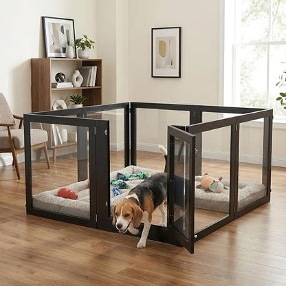 Heavy Duty Clear Acrylic Dog Playpen for Small/Medium Pets – 32" High Clear Pet Pen with Sturdy Metal Frame, Walk-in Kennel, Expandable Indoor & Outdoor Pet Play Yard (Black, 8 Panels Including Door)