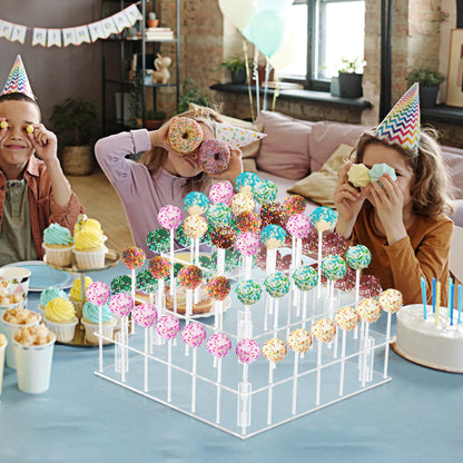 LoveDisplay Cake Pop Stand, 3 Tier Square Lollipop Holder with 300 Pcs Accessories, Clear Acrylic Cakepop Display Stand 56 Holes for Birthday, Wedding, Party, Halloween, Christmas Candy Decorative