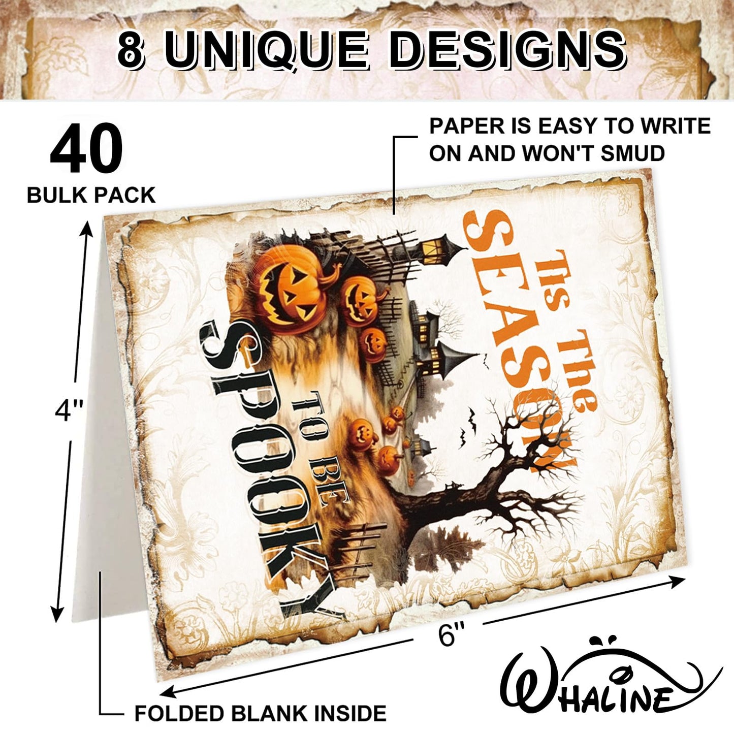 Whaline 40 Pack Vintage Halloween Greeting Cards with Envelopes Stickers Witch Black Cat Blank Note Cards for Trick or Treat Party Supplies, 4 x 6 Inch