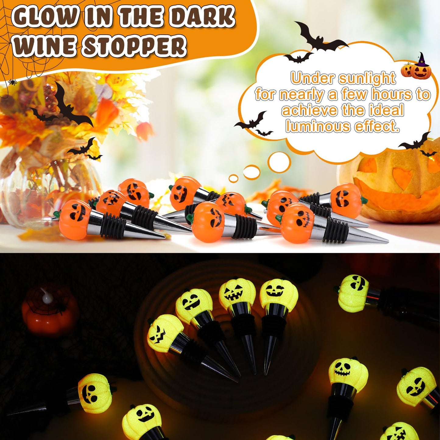 Blosssound 24 Pcs Halloween Wine Stopper Party Favors for Adults Bulk Glow in Dark Pumpkin Wine Corks Halloween Goodie Bags Stuffers Wine Accessories Gift for Host