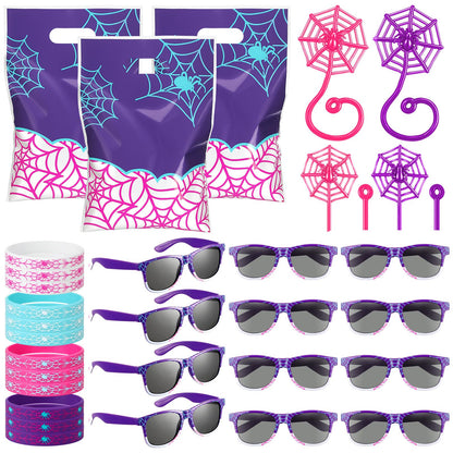 Soulchen 48 Pieces Spiderweb Birthday Party Decoration Set Spiderweb Gift Bags Spider Silicone Bracelet Sunglasses Cobweb Sticky Hands Toys for Birthday Party Supplies Favors (Night)