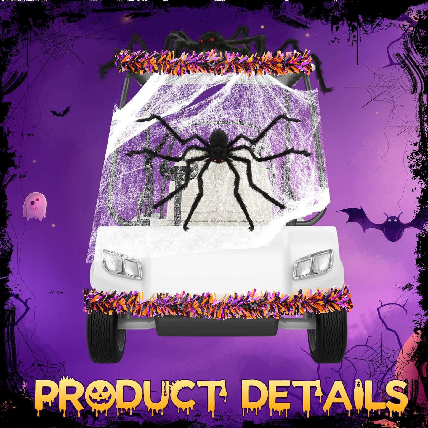 WinnerWhy Halloween Golf Cart Decorations Kit 2 Pcs Giant Spider 4 Pcs Orange Black Purple Garlands with 2 Pack Spider Webs Spooky Golf Cart Decor for Halloween Trunk or Treat Parade