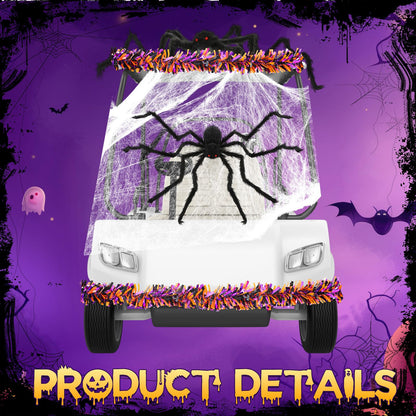 WinnerWhy Halloween Golf Cart Decorations Kit 2 Pcs Giant Spider 4 Pcs Orange Black Purple Garlands with 2 Pack Spider Webs Spooky Golf Cart Decor for Halloween Trunk or Treat Parade