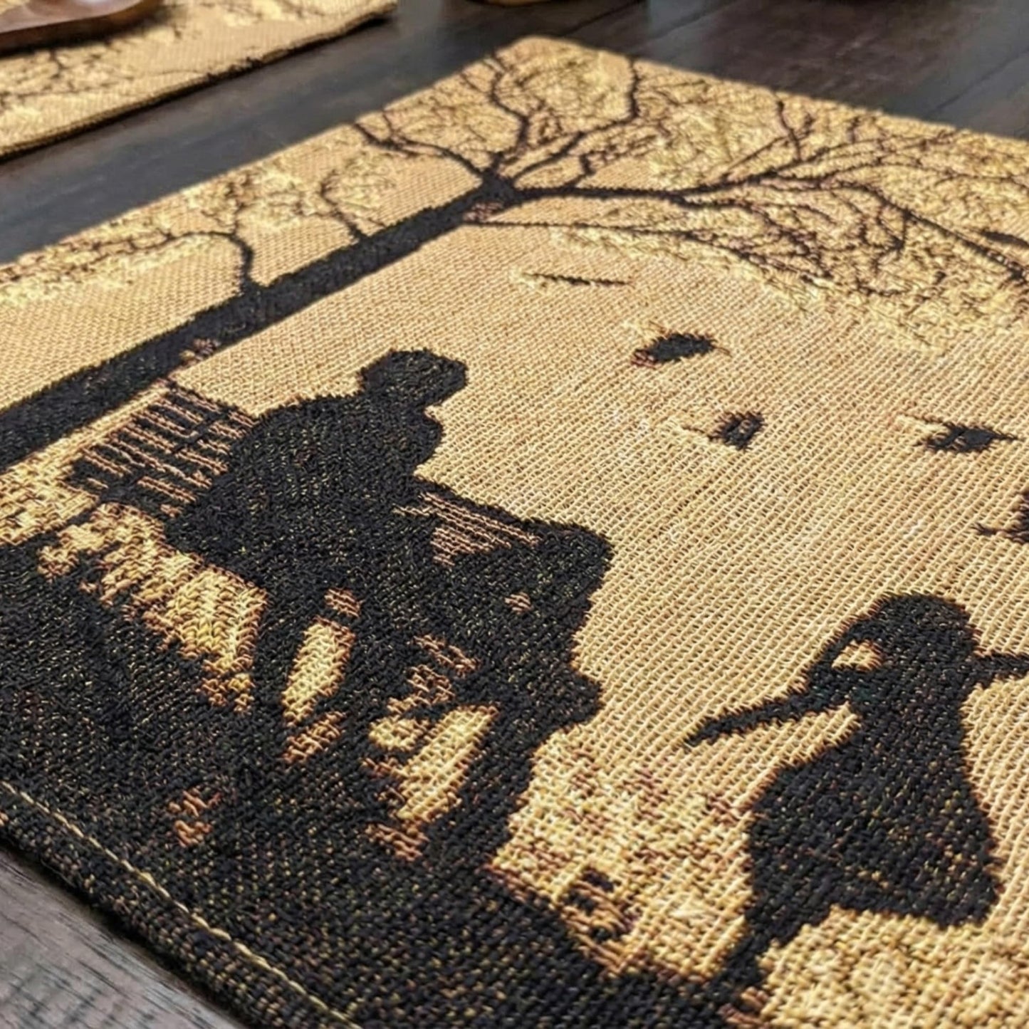 DaDalogy Farmhouse Rustic Dining Placemats - Set of 4 Tapestry Woven Cotton Halloween Kitchen Table Mats Fall Silhouette Decor - Family Cozy Cabin Orange Tan Black Decorative - 13” x 19”
