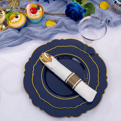 Liacere 350PCS Navy Blue Plastic Plates-Disposable Blue Gold Plates 50guest Plastic Dinnerware include 100Plates,50Pack Pre Rolled Napkins with Silverware 50Cups for Wedding＆Back to School&Labor Day