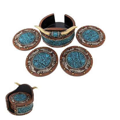 BestGiftEver Rustic Southwestern Coasters Set: Faux Horn & Tooled Leather-Inspired Western Home Decor, Lodge, Cabin - Unique Gift for Cowboy Ranch Theme Enthusiasts