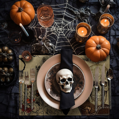 Breling 7 Pcs Halloween Placemats with Runner 12"x18" Terror Forest Gothic Bat Placemats Washable Rectangle Skull Table Mats for Halloween Kitchen Dining Table Home Accessories(Gothic)