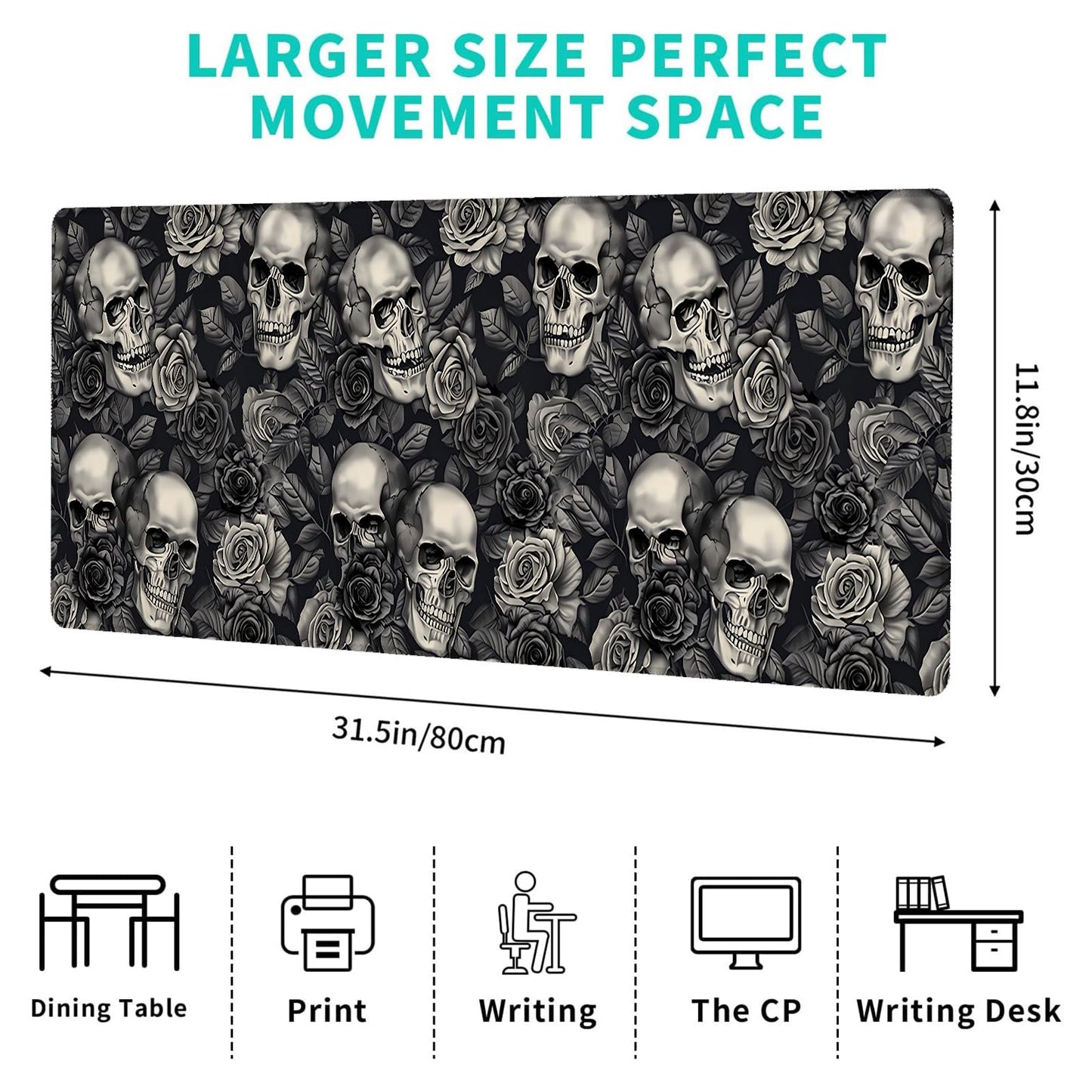 ainori Gothic Skull Gaming Mouse Pad,12x31.5in Non-Slip Rubber Rose and Elegant Goth Dark Desk Mat,Large Extended Halloween Mousepad for Office Home Laptop,Mice Pads Gifts,Game Lover Deskmat Decor