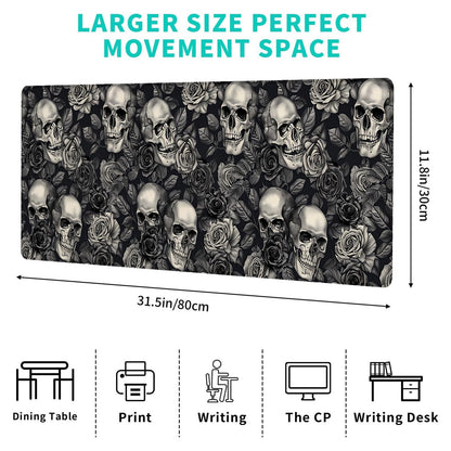ainori Gothic Skull Gaming Mouse Pad,12x31.5in Non-Slip Rubber Rose and Elegant Goth Dark Desk Mat,Large Extended Halloween Mousepad for Office Home Laptop,Mice Pads Gifts,Game Lover Deskmat Decor