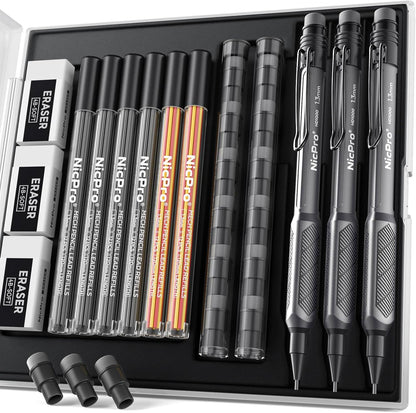 Nicpro 3 Pack Weatherproof Mechanical Pencil Set, 1.3mm Metal Mechanical Pencils, Heavy Duty Pencil for Outdoor All Weather Marking Drafting Drawing with 75 Lead Refills, Erasers, Case (Black, HD1000)