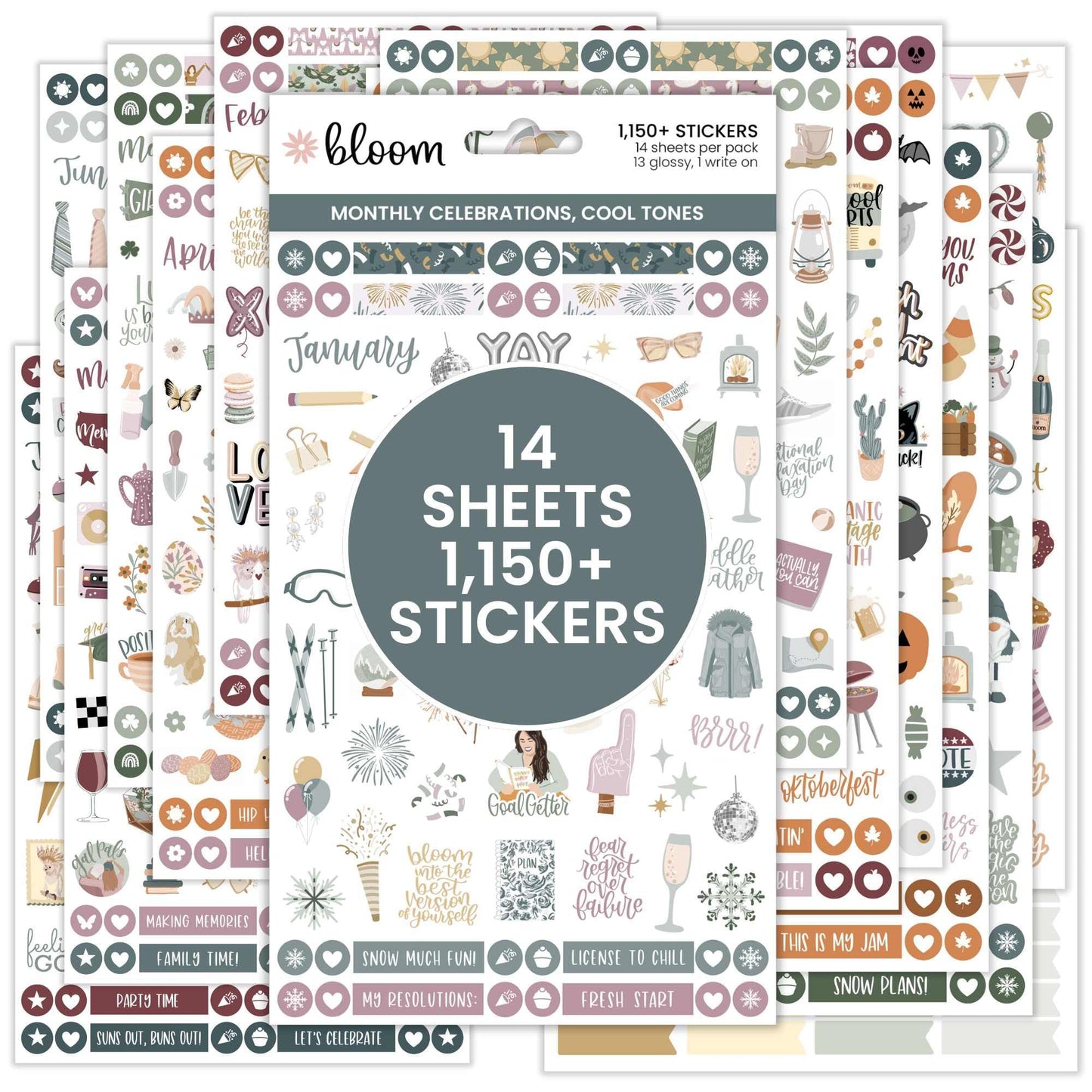 bloom daily planners Monthly Celebrations Planner Stickers for Calendar Decorating, Planning, Scrapbooking - Holiday, Seasonal, & General Events (14 Sheets, 1,150+ Stickers per Pack) - Cool Tones
