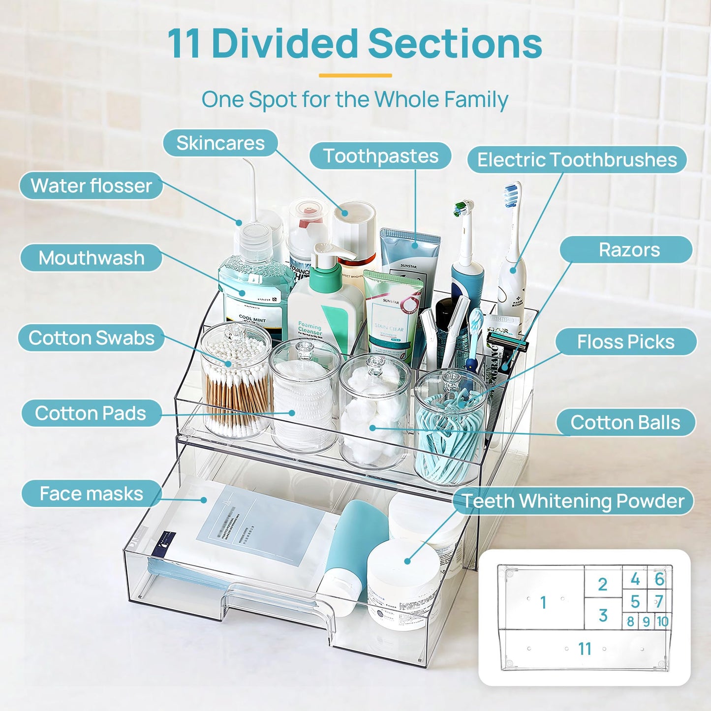 Vtopmart 6 PCS Bathroom Countertop Organizer, 1 Divided Tray with 4 Qtip Holder Jars and 1 Drawers, Restroom Clear Organizers for Toothbrush, Cotton Pads, Vanity Accessories Storage Set