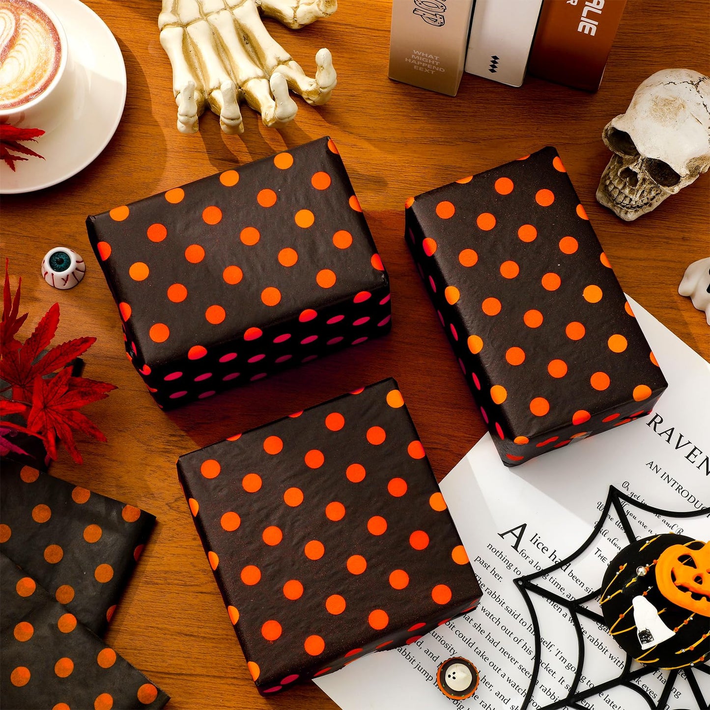 Whaline 100 Sheets Halloween Tissue Paper Polka Dot Gift Wrapping Paper Black Orange Art Sheet for Holiday Birthday Baby Shower Party DIY Crafts Supplies, 14 x 20 Inch