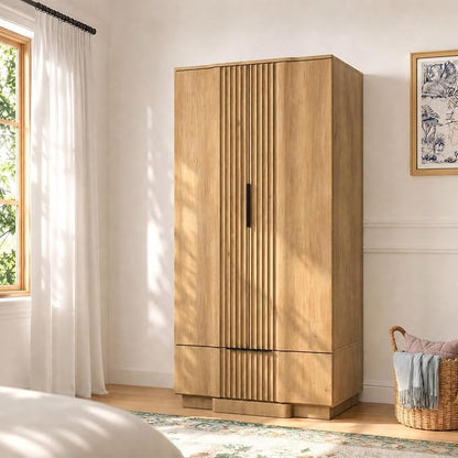 Yechen 67" Fluted Armoire Wardrobe Closet with Doors and Drawer, Wooden Wardrobe Closet Cabinet with Adjustable Shelve, Modern Small Armoires Storage Clothes, Coats for Bedroom, Natural