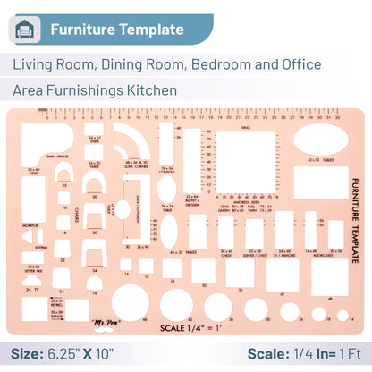 Mr. Pen- House Plan, 3 pcs, Interior Design and Furniture Templates, Clear Flexible Plastic, Drafting Tools, Ruler Shapes for Architecture, 1/4 Inch Scale, Kitchen, Bath, Bedroom, Office, Living Room