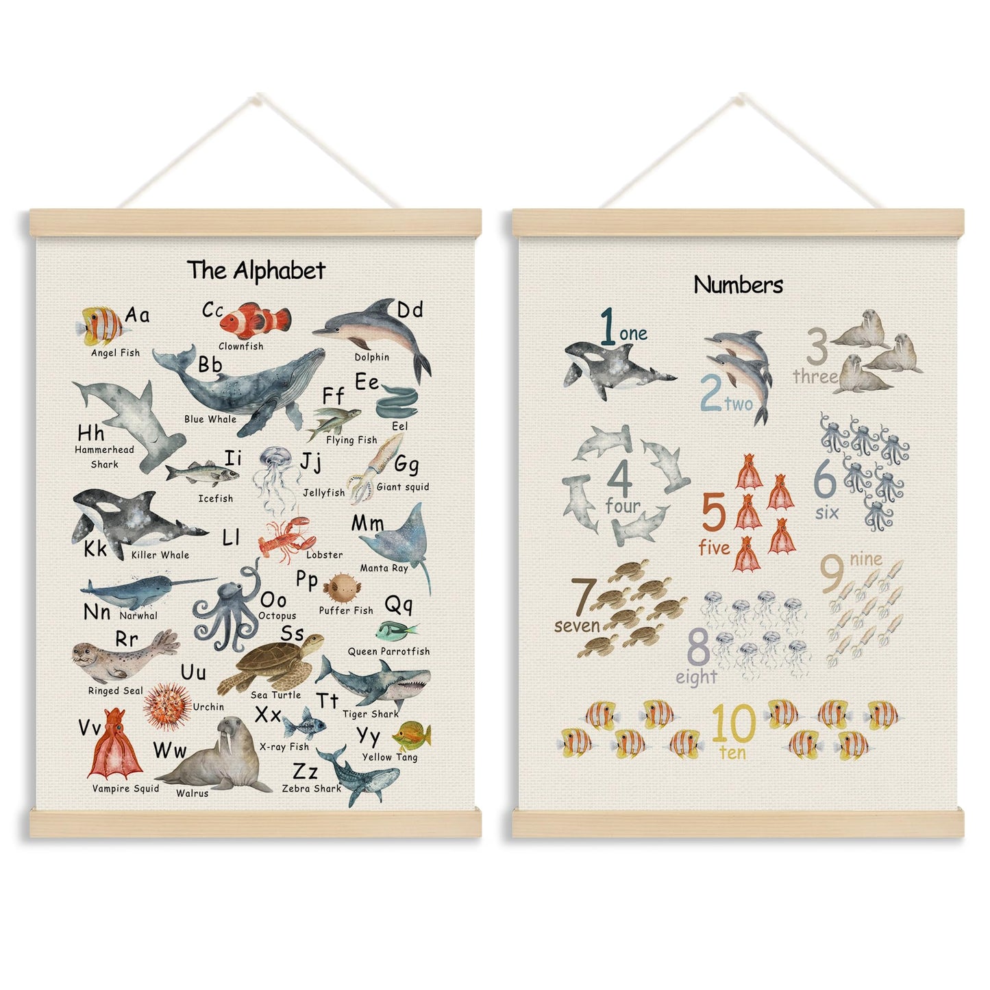 MOTERMATE Ocean Animal Alphabet Numbers Nursery Poster Hanger Frame, Educational Wall Hanging Decor Art Framed for Kids Toddler Room Bedroom Classroom, Nursery Wall Poster Prints, 12x16 Inch Set of 2