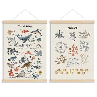 MOTERMATE Ocean Animal Alphabet Numbers Nursery Poster Hanger Frame, Educational Wall Hanging Decor Art Framed for Kids Toddler Room Bedroom Classroom, Nursery Wall Poster Prints, 12x16 Inch Set of 2