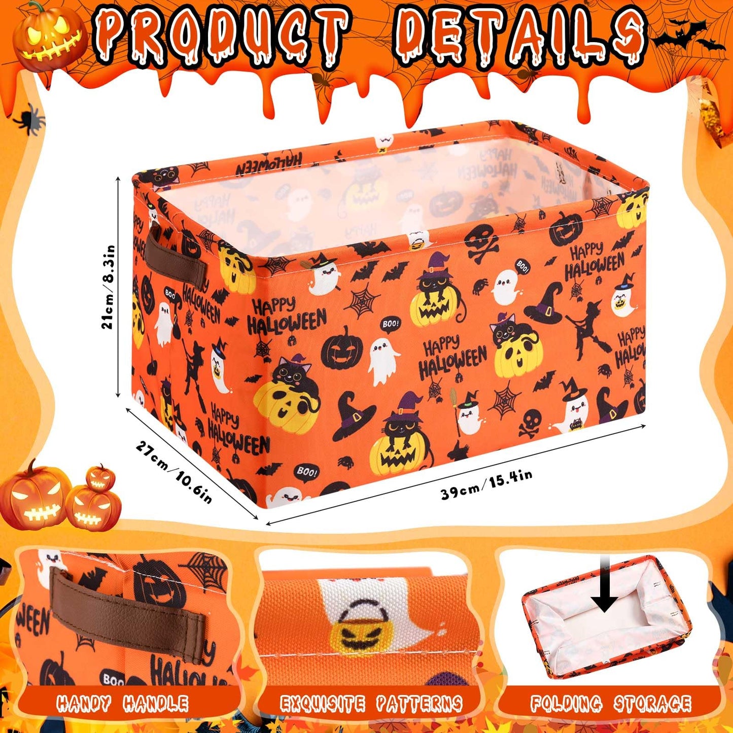 Boao 3 Pack Halloween Ghost Basket with Handles Collapsible Large Canvas Storage Baskets Boo Spooky Skull Pumpkin Cat Foldable Storage Bins Organizer Bins for Trick or Treat Gifts Bedroom Home Office