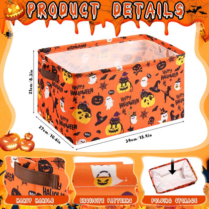 Boao 3 Pack Halloween Ghost Basket with Handles Collapsible Large Canvas Storage Baskets Boo Spooky Skull Pumpkin Cat Foldable Storage Bins Organizer Bins for Trick or Treat Gifts Bedroom Home Office