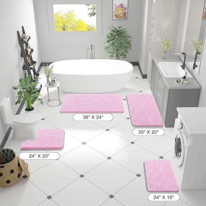 OLANLY Small Bathroom Rugs 24x16, Extra Soft Absorbent Chenille Bath Rugs, Rubber Backing Quick Dry, Machine Washable Bath Mats for Bathroom Floor, Tub and Shower, Home Decor Accessories, Pink