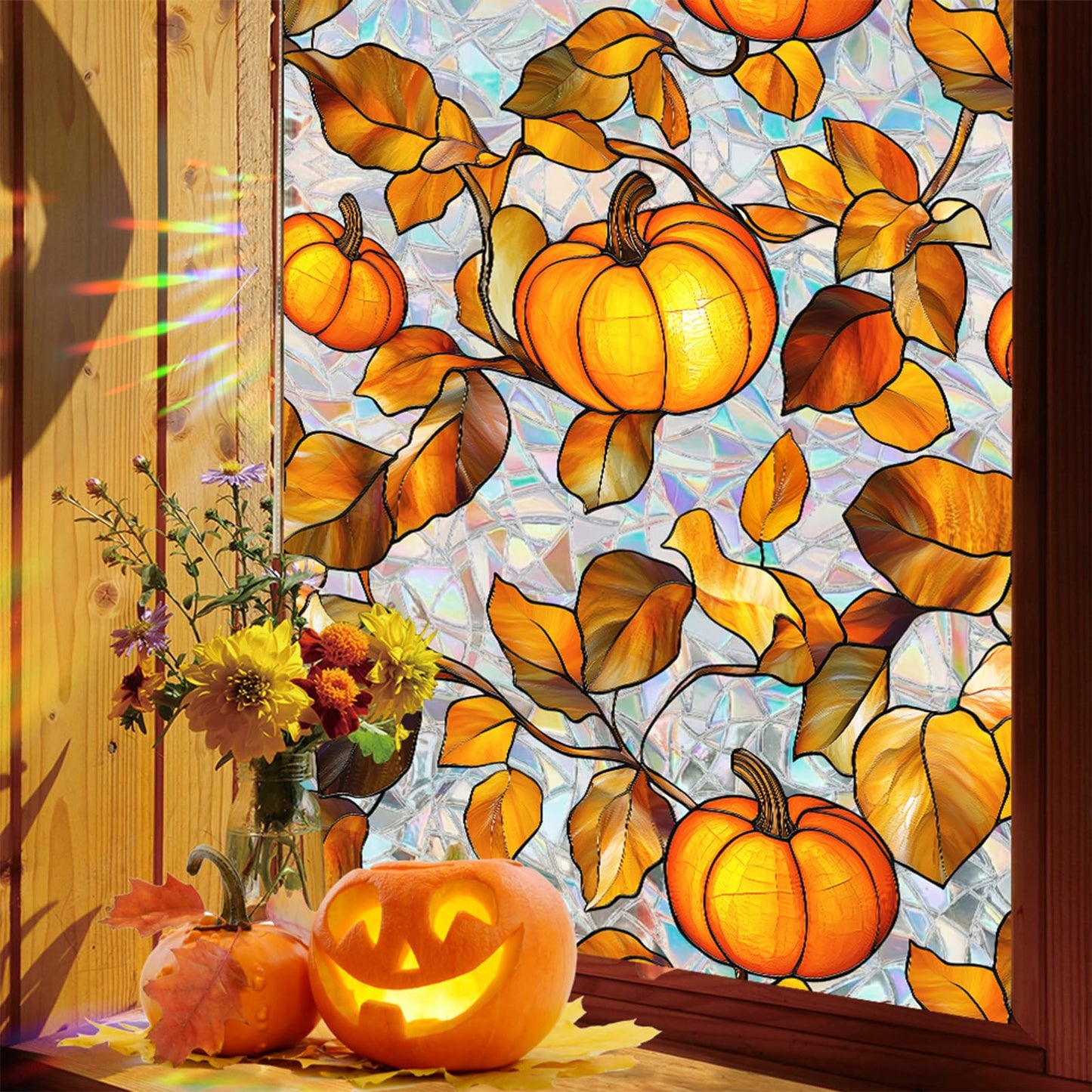 Niviy Pumpkin Thanksgiving Halloween Fall Window Clings, Stained Glass Window Film for Windows Autumn Clings Autumn Home Office Decorations for Indoor Outdoor (16.93 x 39.37inch)