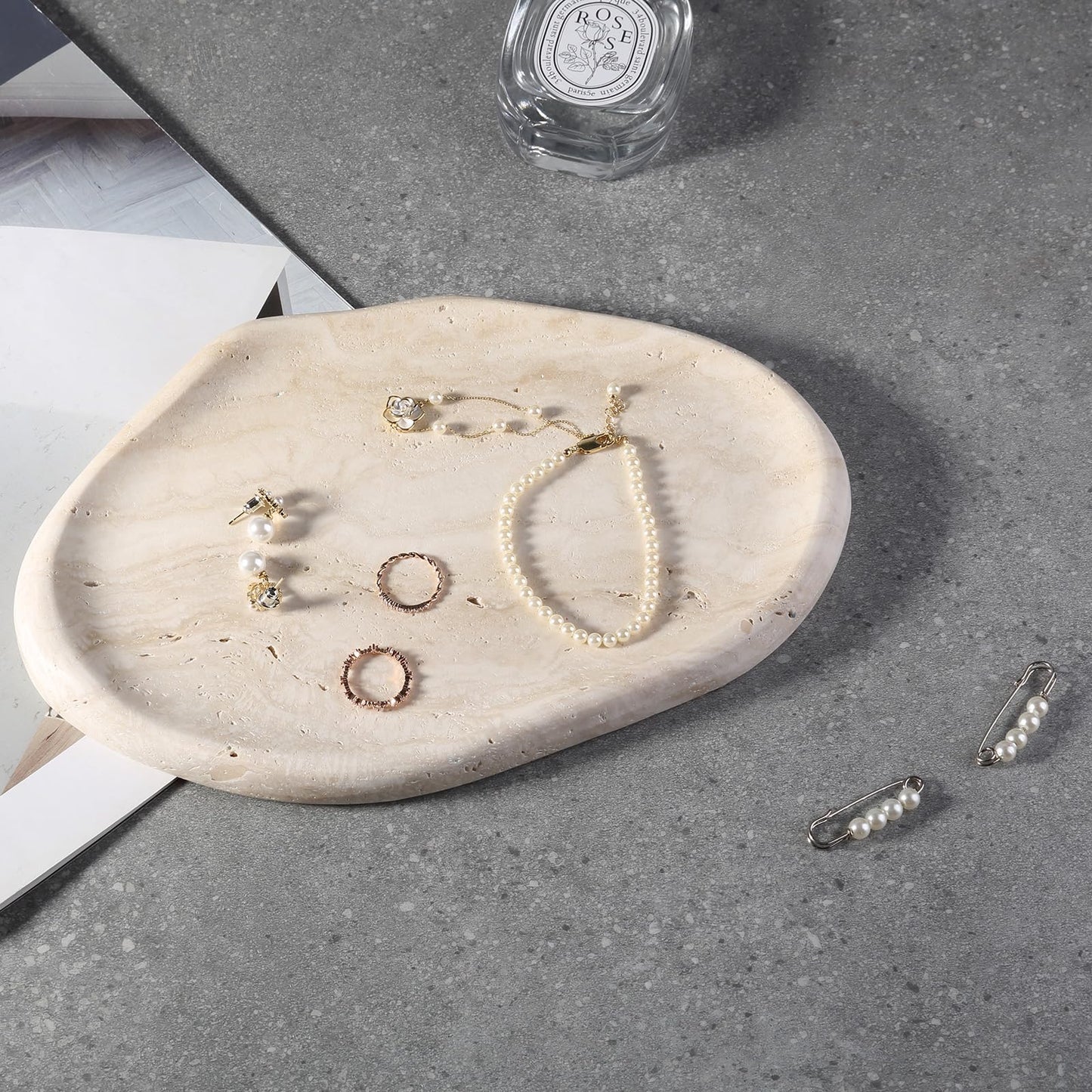 BCS Marble Jewelry Tray Trinket Dish, Decorative Cloud Vanity Key Tray for Women, Perfume Ring Holder Dish for Ring Earring, Cute Jewelry Plate Bowl Aesthetic Room Decor（Beige Travertine）