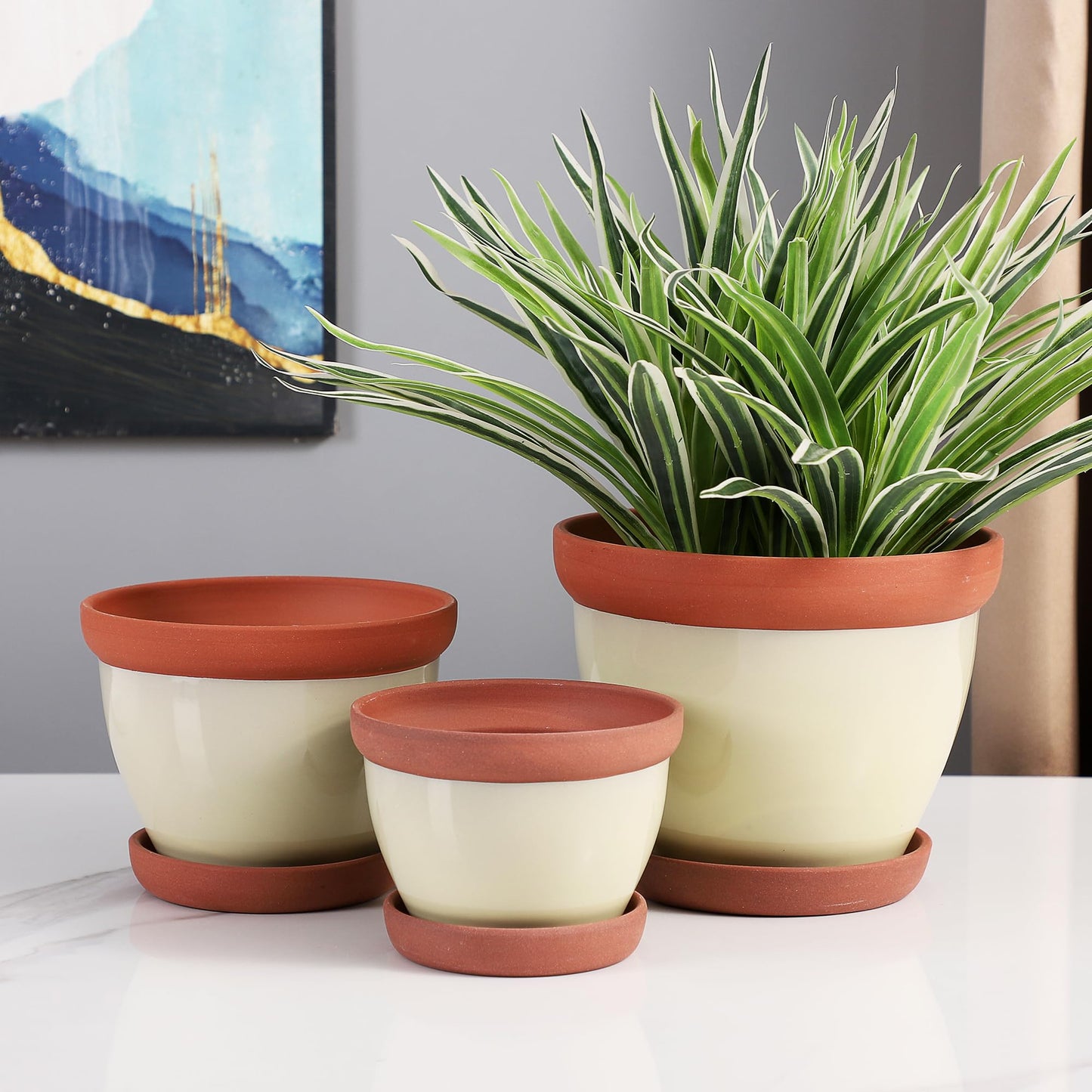 Yishang Glazed Terracotta Pots with Saucers, Set of 3, 5", 6", and 7" Sizes, Ceramic Clay Planter Pots with Drainage Holes - Yellow