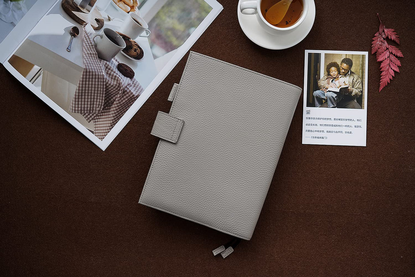 Moterm Leather Cover for A5 Notebooks - Fits Hobonichi Cousin, Stalogy and Midori MD Planners, with Pen Loop, Card Slots and Back Pocket (Pebbled-Gray)