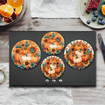 Autumn Pumkin Art Electric Stove Burner Covers,4 Pcs Halloween Pumkin,Sunflowers Stove Burner Covers,Thankgiving Stove Burner Cover,8 Inch and 10 Inch, Fall Metal Cooktop Home kitchen Decorative