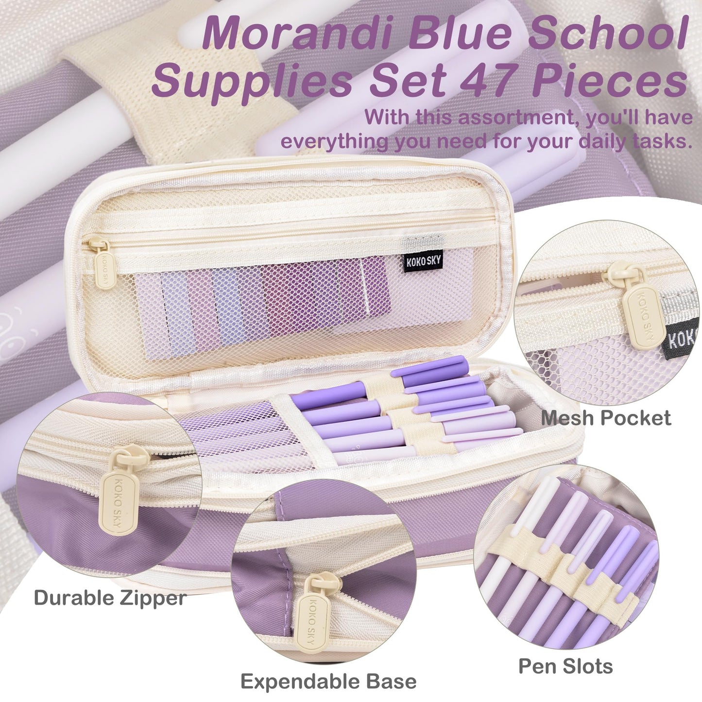 ChezAbbey 47Pcs Aesthetic School Supplies with Pencil Pouch - Cute College Essentials Set, Big Capacity Pen Case, Pastel Highlighters, Bible Study Journaling Stationary Kit (Purple)