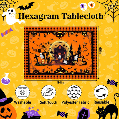 Hexagram Halloween Tablecloth Rectangle 60 x 84 inches, Ghost Pumpkin Plaid Table Cloth, Halloween Decor, Black Castle Tablecloth, Washable Orange Table Cloth for Party Picnic Dinner Decor