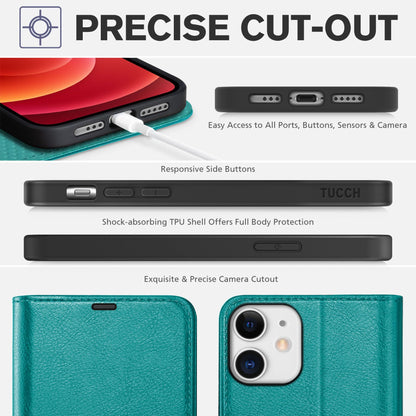 TUCCH Case for iPhone 12, Shockproof Wallet Case [RFID Blocking ] Card Holder, Synthetic Leather Cover Stand Full Protection Compatible with iPhone 12/12 Pro (6.1 Inch, 2020) – Cyan