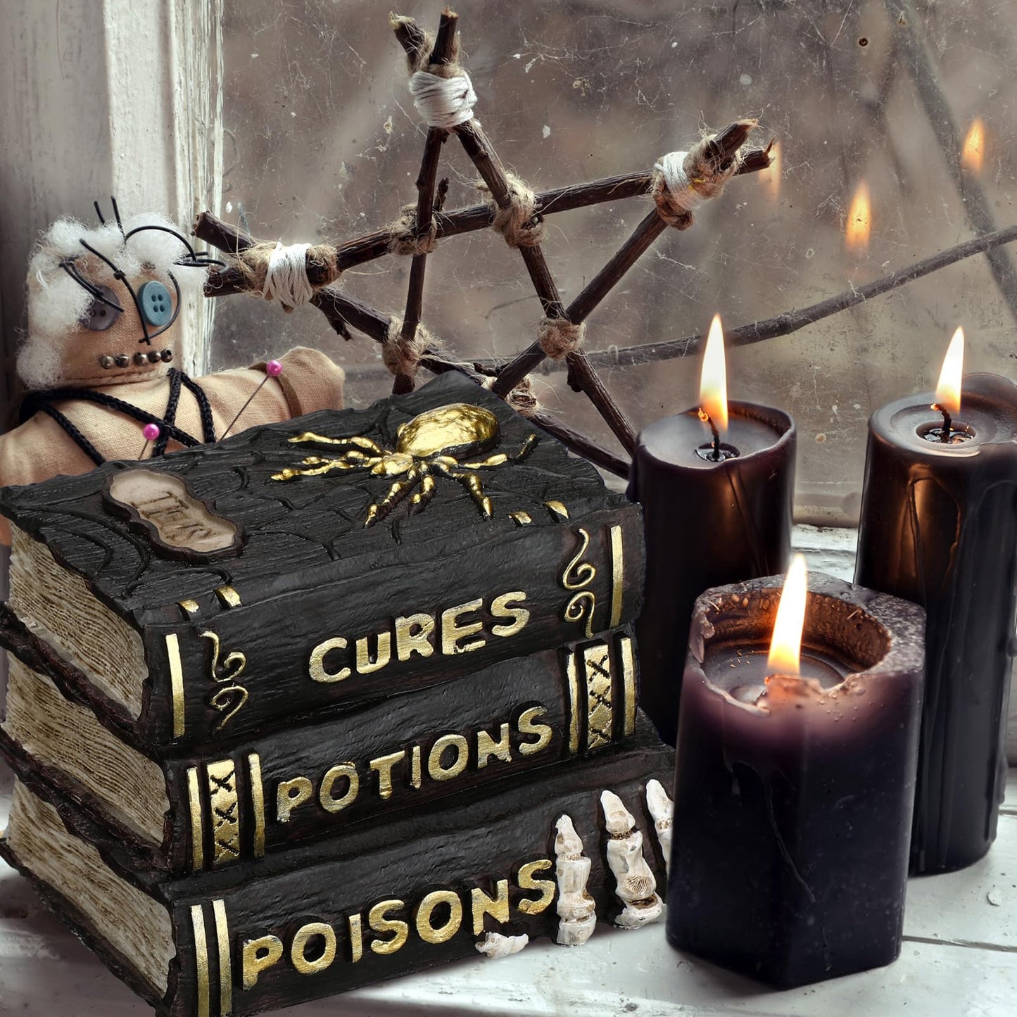 Namalu Witch and Wizard Spellbook Tabletop Decoration, Halloween Resin Witch and Wizard Spellbook Table Decorations, Halloween Resin Book Stack Decor for Home Table Mantel Fireplace (Classic Style)