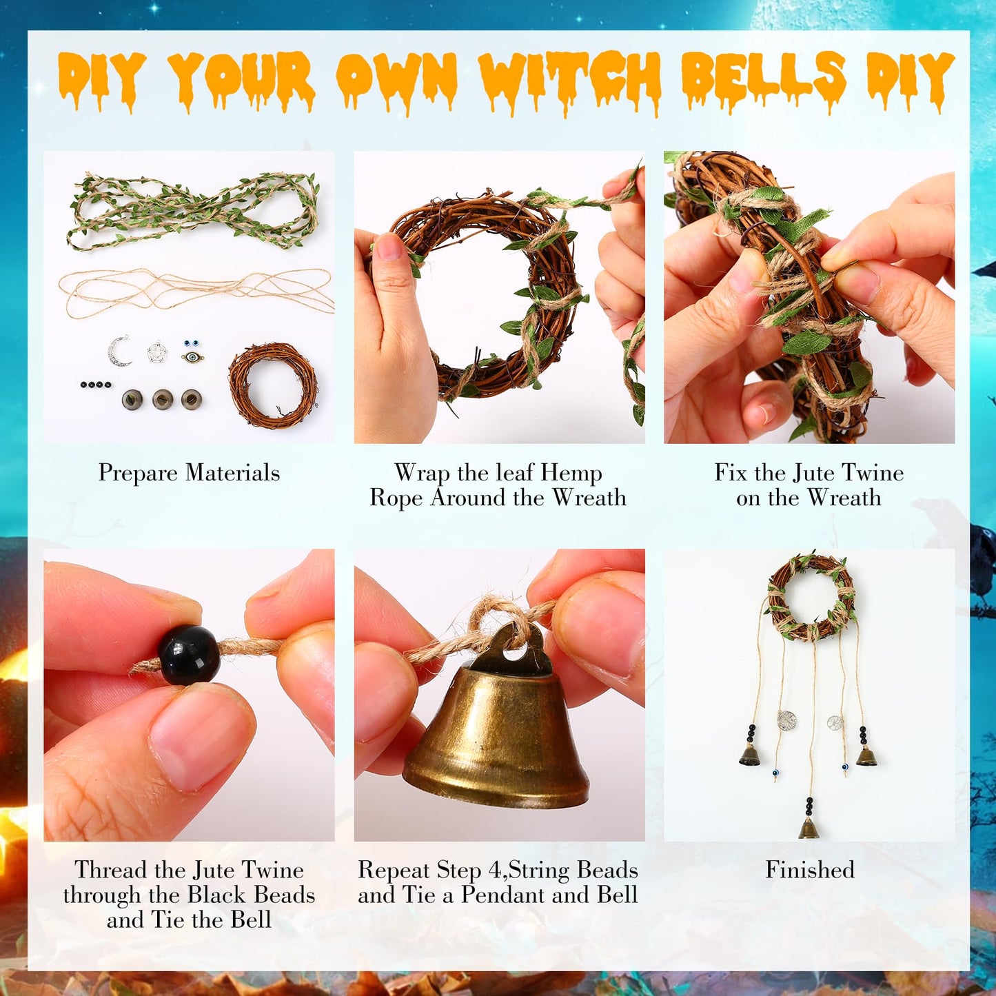 SANDOO 64pcs Witch Bells and Evil Eye for Protection DIY Kit - Witchcraft Supplies,Witches Bells for Door Knob, Windchimes Kit,Evil Eye Door Hanger for Home Bedroom Garden Halloween Decor, Witch Gifts