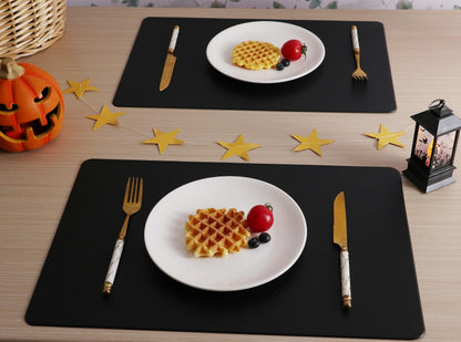Faux Leather Halloween Placemats HeloHo Black Table Place Mats Set of 4 Waterproof Oilproof Heat Stain Resistant Placemats Washable Wipeable Placemat for Kitchen Dining Table Decoration Indoor Outdoor