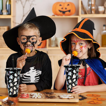 Whaline 12Pcs Halloween Ghost Plastic Cups Holographic Black Iridescent Boo Plastic Tumbler Reusable Cold Cup with Straw and Lids for Home Office Party Supplies