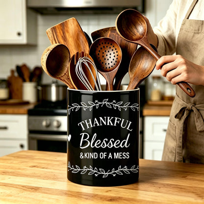 DPOTHK Black Utensil Holder, Ceramic Kitchen Utensil Holder, Utensil Crock for Home Kitchen Countertop Storage Organizer Container, Large Holder for Spatulas, Spoons, Kitchen Counter Decor, 6"