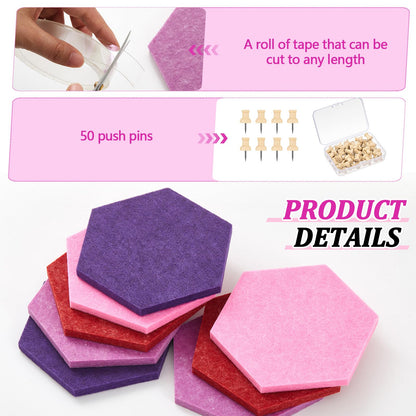 Mindsoft 16 Pcs Hexagon Cork Board for Walls with 50 Wooden Push Pins 6.7 x 5.9 in Felt DIY Tiles Notice with Nano Tape Hanging Bulletin Board for Home Photo Office Memo Note (Gradual Purple)