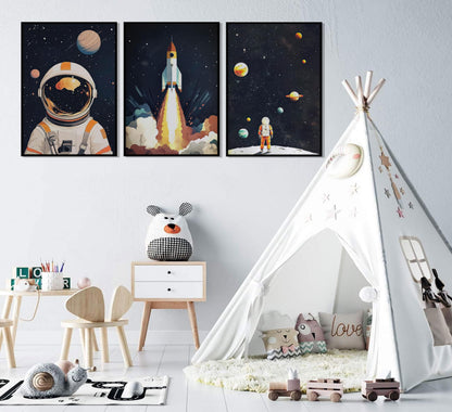 3Pcs Space Astronaut Wall art Cute Astronaut Canvas Nursery Galaxy Posters Modern Space Themed Print Rocket Pictures Toddler Boy Room Wall Decor for Adventure Kids Bedroom Nursery Room Unframed