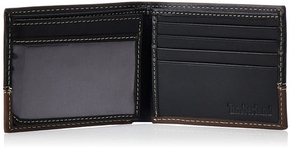 Timberland Men's Leather Passcase Bifold Wallet Hybrid, Black/Cognac, One Size