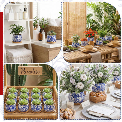 Ferrochef 12 Pcs 3" Ceramic Chinoiserie Succulent Plant Pot Blue and White Porcelain Planter with Bamboo Tray Drainage Hole Mini Chinese Flower Jardiniere for Cactus Herbs Home Office Indoor Decor