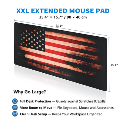 Extended American Flag Desk Mat, XXL Large Gaming Mouse Pad, Vintage Retro Style Stitched Edges Waterproof with Non-Slip Rubber Base for Computer Keyboard Laptop Work Home Office 35.4"x15.7"
