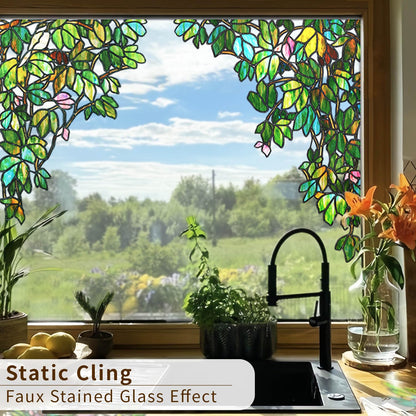 ChicSkin Original Hand Drawn Stained Glass Window Hanging Cling, Green Window Privacy Film Decorative Leaves Bird Cling, Green Vine Bird 15.75"X22.04"