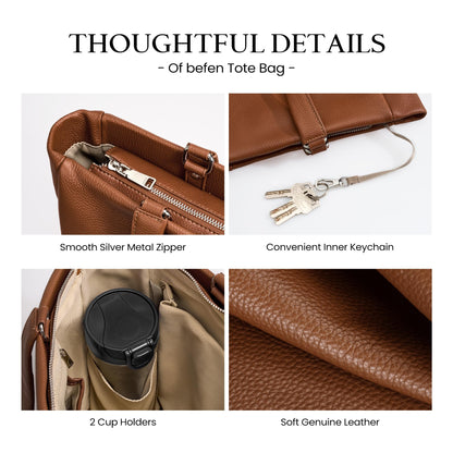 befen Real Leather Work Tote Bag for Women Ladies Totes Shoulder Purse Satchel Handbags with 15.6" Compartment & Water Cup Holder Cognac Brown