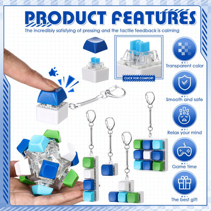 Halloscume 5 Pcs Keyboard Adult Fidget Clicker in 5 Styles Keyboard Fidget Keychain Cube Mechanical Key Button Clicker Stress Relief Gift for Office Home Pass Time(Blue Green)